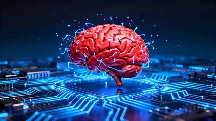 Red brain on glowing circuit board - Powered by Adobe