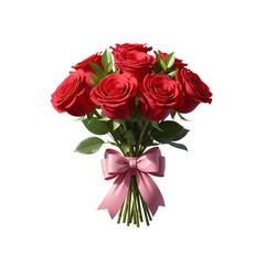 Elegant bouquet of red roses with pink ribbon