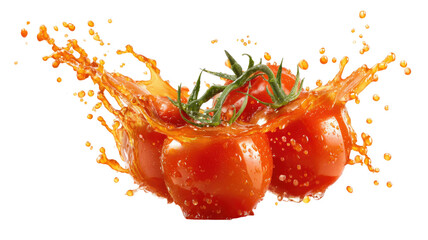 Fresh ripe tomatoes splashing with juice dynamic food photography close up vibrant red vegetables isolated on white background