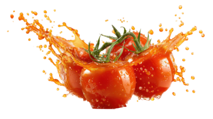 Fresh ripe tomatoes splashing with juice dynamic food photography close up vibrant red vegetables isolated on white background