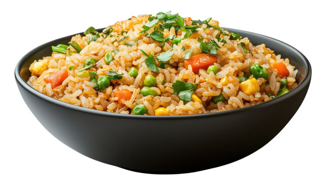 A bowl of rice with vegetables and peas, isolated on a transparent background