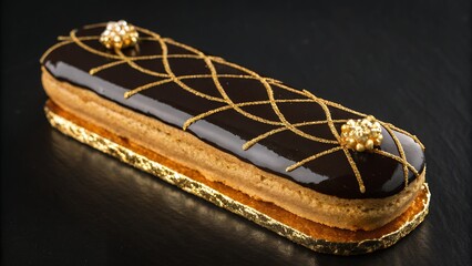 Luxurious Chocolate &Eacute;clair with Golden Glaze and Ornate Decoration Gourmet Dessert Pastry Elegant Sweet Treat Bakery Culinary Art AI Generated