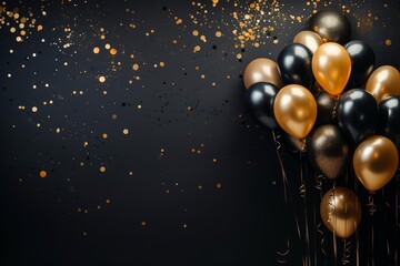 Gold and black balloons with sparkling confetti scatter across a dark background, creating a festive party display