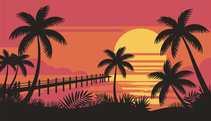 Fototapeta premium Vibrant tropical sunset with silhouetted palm trees and a serene wooden pier