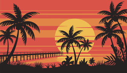 Tropical Sunset Over Ocean With Palm Trees And Pier
