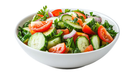 A bowl of salad with tomatoes, cucumbers, and onions, isolated on a transparent background