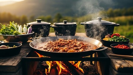 Outdoor cooking setup with a large skillet and pots over an open flame at sunset
