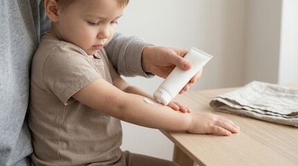 Child Applying Cream for Skin Care and Allergy Relief