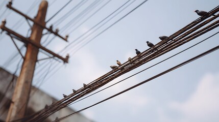 Obraz premium A flock of birds sits perched in a neat row on tangled utility wires against a bright blue sky
