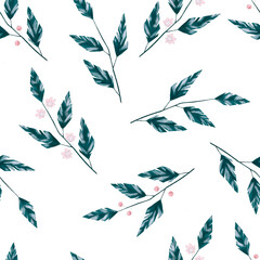 Pink berries. Seamless floral pattern of turquoise branches with pink flowers and berries on a white background.
