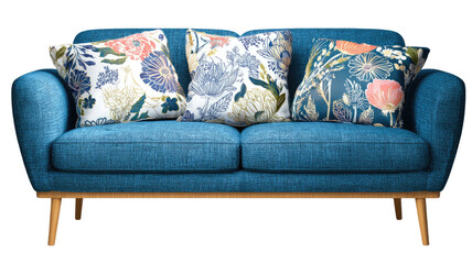 Blue fabric sofa with floral decorative cushions modern living room furniture front view studio photography isolated on white background