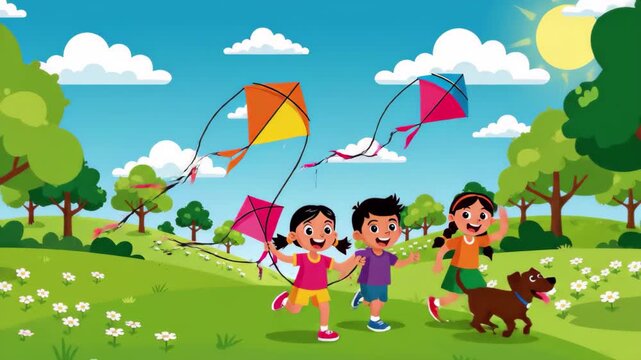 Three happy children flying kites with a dog in a sunny park, 4k