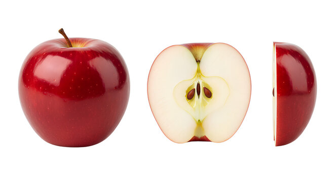 Red apple whole half and slice set isolated on transparent background for realistic fruit and food design