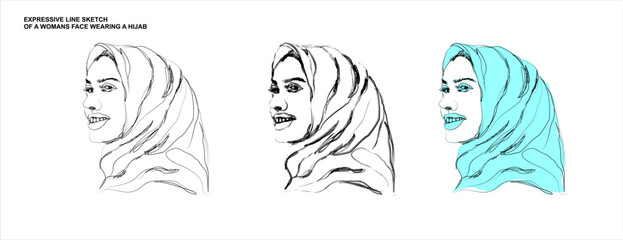 Expressive Line Art Sketch of a Smiling Woman Wearing a Hijab
