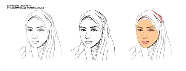 Expressive Line Art Sketch of a Smiling Woman Wearing a Hijab