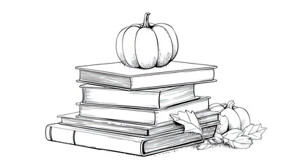 Pumpkin resting on stacked hardcover books with autumn leaves detailed monochrome illustration engraving isolated on white background