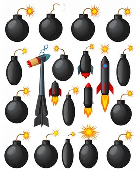 Exploding Bombs and Rockets on White Background