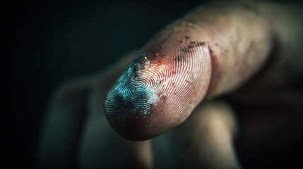 closeup of a finger with a digital fingerprint overlay glowing  