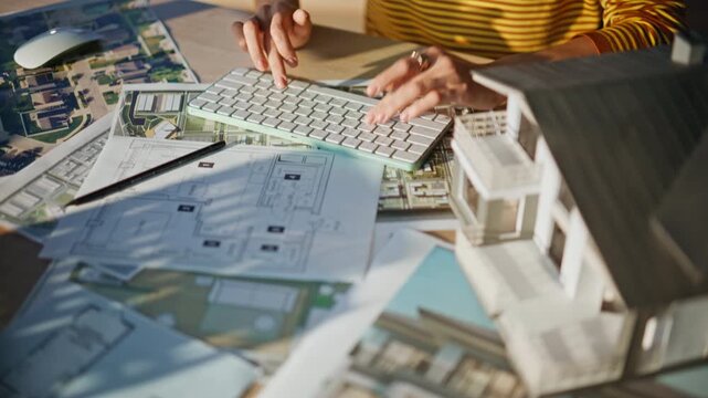 Architect hands typing keyboard making calculation construction project office.