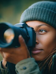 young african american woman taking photos with a telephoto lens while camping in the woods 