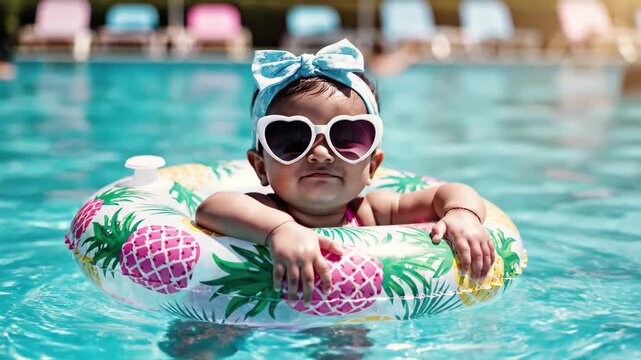 Adorable baby girl wearing heartshaped sunglasses and a blue bow in a pineapple floatie in a swimming pool, 4k