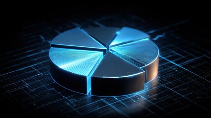 3d pie chart with blue segments on digital grid background representing data visualization and analytics glowing effect adds modern touch enhancing visual appeal of statistical information  