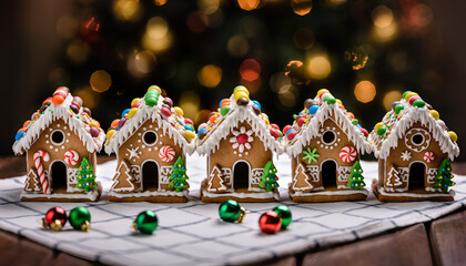 Five Decorated Gingerbread Houses Lined Up on a Table with Christmas Lights in the Background.