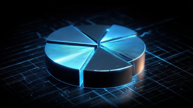 3d pie chart with blue segments on digital grid background representing data visualization and analytics glowing effect adds modern touch enhancing visual appeal of statistical information - Powered by Adobe