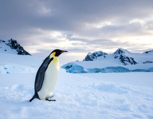 Obraz premium Emperor Penguin Stands on Snow with Antarctica Mountains