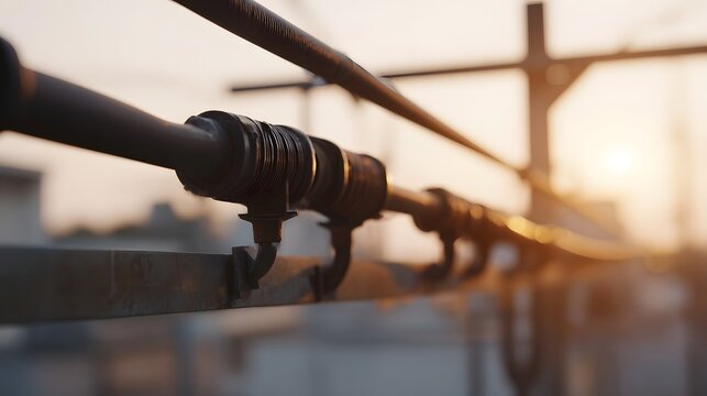 Overhead electrical cables and insulators at sunset with a soft atmospheric glow