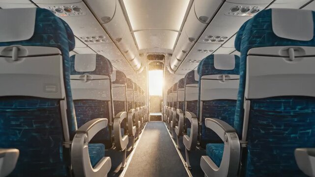 Empty airplane cabin interior with sunlight streaming through the doorway, 4k