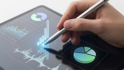 hand holding stylus pen analyzing 3D graph on digital tablet screen