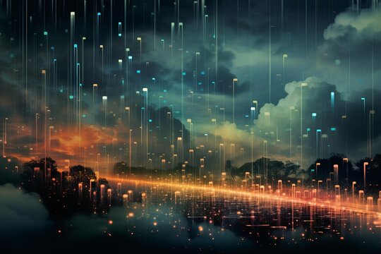 Digital data streams creating a futuristic glowing landscape under a dramatic sky - Powered by Adobe