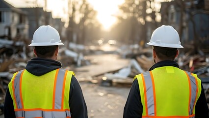 Construction workers surveying a demolition site