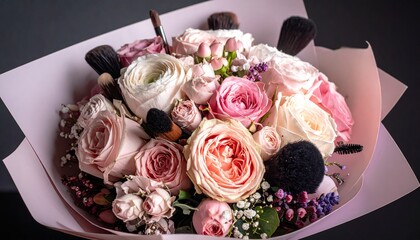 Elegant Bouquet with Makeup Brushes and Roses