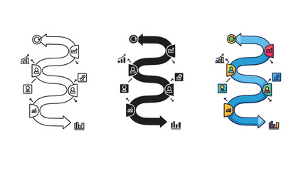 Three variations of a winding process flow chart with icons representing steps, data, and people, showing progression from top to bottom
