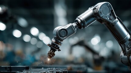 precision at work efficient factory robotic arm operation  a sleek metallic robotic arm in a modern manufacturing plant swiftly assembling components welding parts or sorting products  