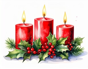 Watercolor Illustration of Three Festive Red Candles