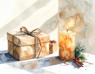 Watercolor Scene of Candle and Christmas Gift