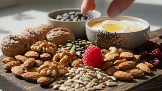 Assorted nuts and seeds displayed on wooden surface with various bowls