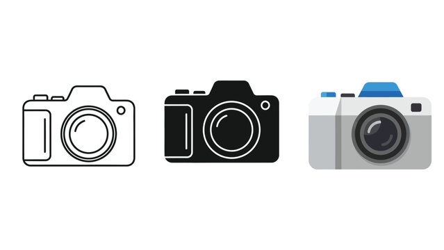 Set of three camera icons outline, solid black and color illustration, representing photography equipment and technology