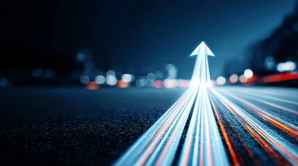 Growth trajectory concept illustrated by glowing arrow light trails on dark road at night, symbolizing progress, speed, and futuristic technology in urban environment
