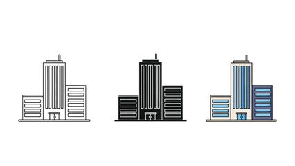 Obraz premium Set of three modern corporate office building icons in outline, solid black and color styles, vector illustration