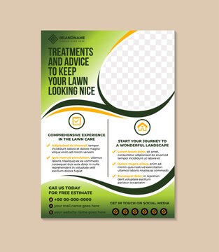lawn and garden care flyer design for treatment and advice to keep your lawn looking nice. vertical layout poster template use combination green and yellow on element isolated on white background.