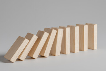 Wooden dominoes falling in a row on gray background