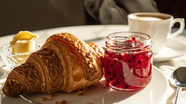 Breakfast still life croissant coffee jam butter elegant composition sunlight