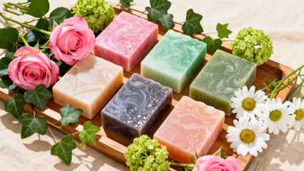 Handmade Soap & Flower Wooden Tray Life Aesthetics Still Life Photography