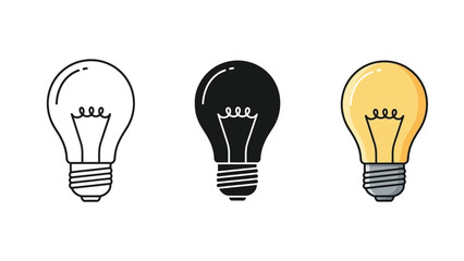 Set of three light bulb icons outline, solid black and illuminated yellow, representing ideas and innovation