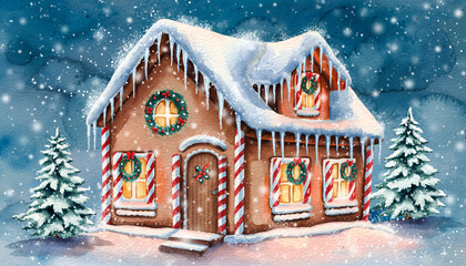 Whimsical Gingerbread House in Snowy Winter Wonderland Scene.