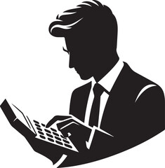 A sleek black silhouette of a businessman in a suit intently using a calculator, representing finance, accounting, and precise data management.